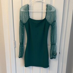 Elegant Long Sleeve Dress with Sheer Green Sleeves